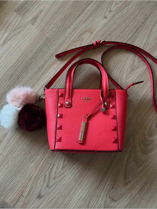 Guess Handbags - GUESS Kamryn Mini Tote Coral-Red with Pom Pom Charm